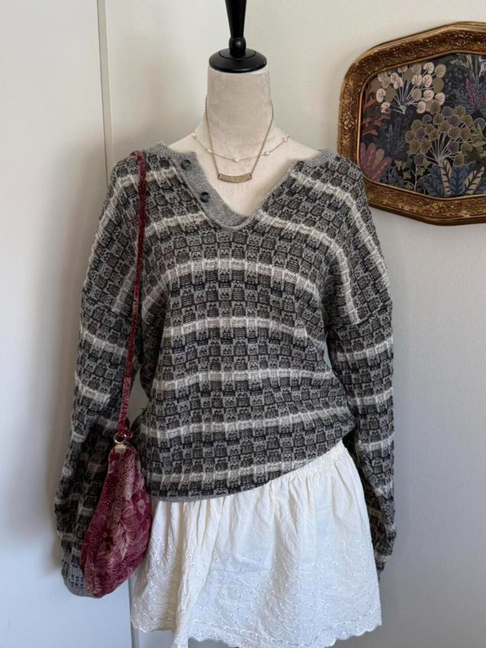 Vintage 90s y2k grandpa grunge long sleeve knit sweater with button up neckline